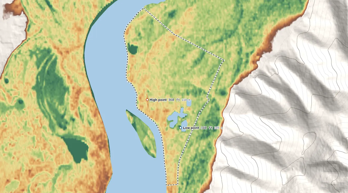 Topographic elevation map of Four Mile Road, Alaska, shaded from 340 ft on the south side to 360 ft on the west edge, below higher ground just outside