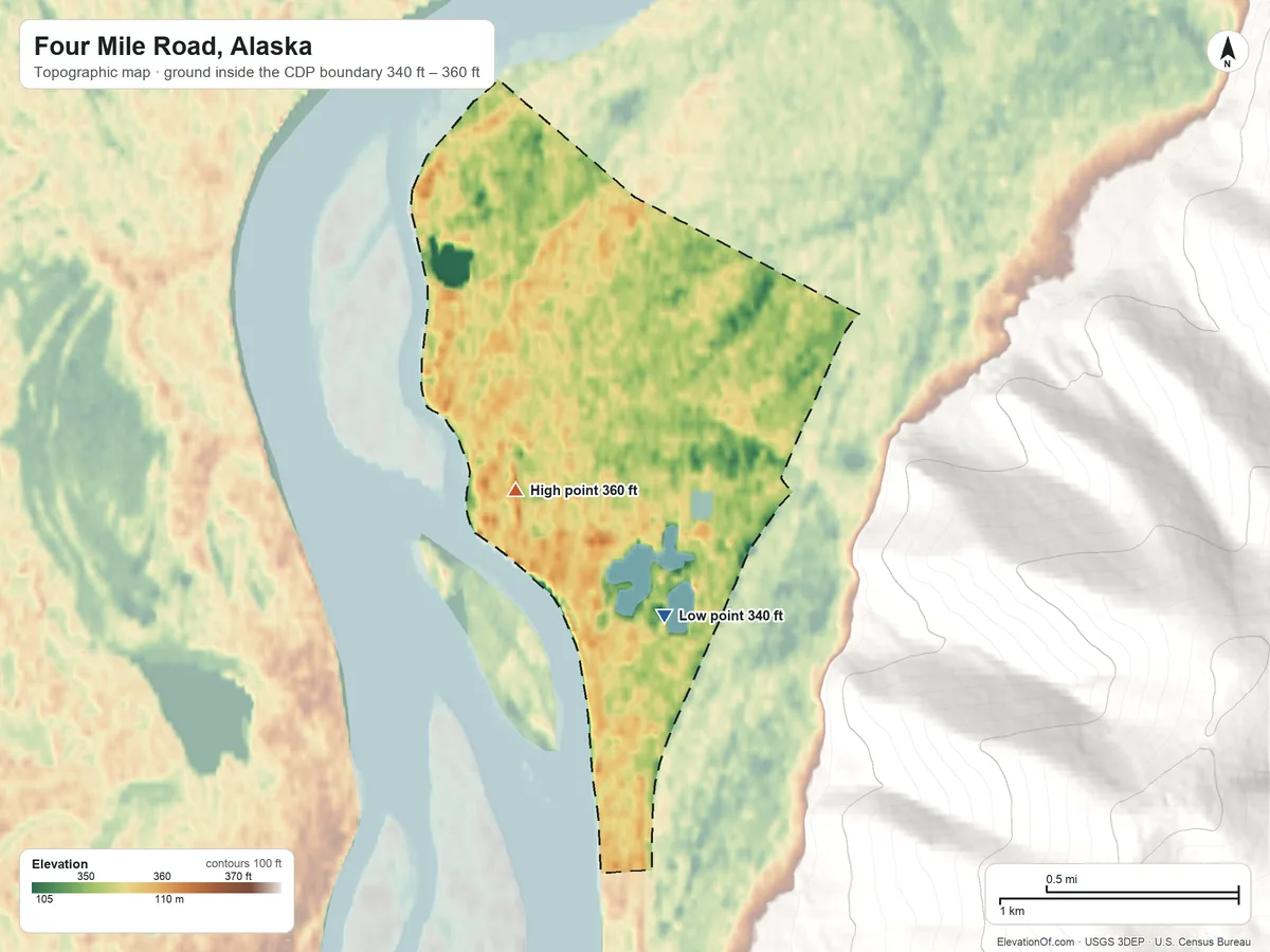 Topographic elevation map of Four Mile Road, Alaska, shaded from 340 ft on the south side to 360 ft on the west edge, below higher ground just outside