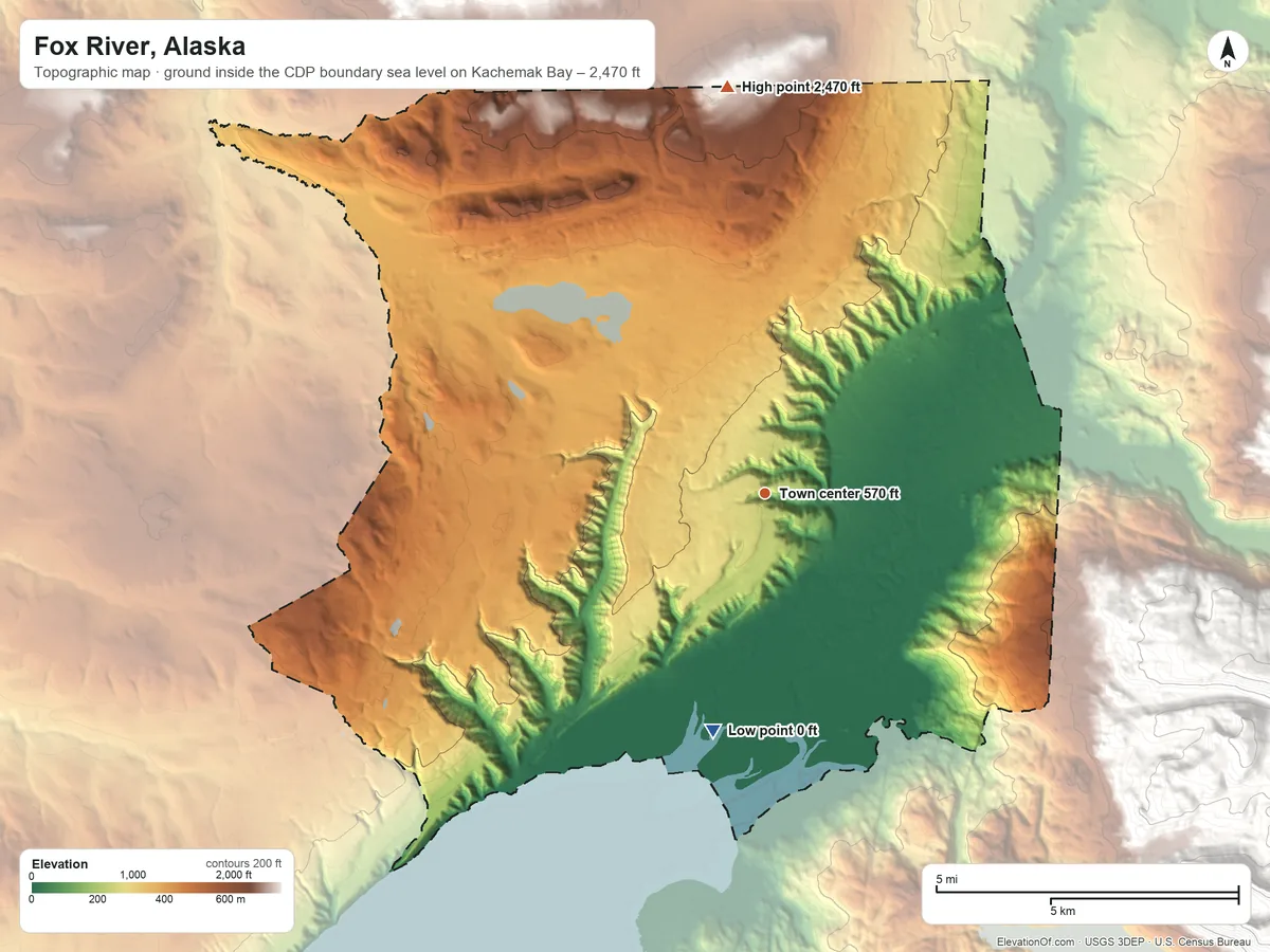 Topographic elevation map of Fox River, Alaska, shaded from sea level level on Kachemak Bay to 2,470 ft on the north side
