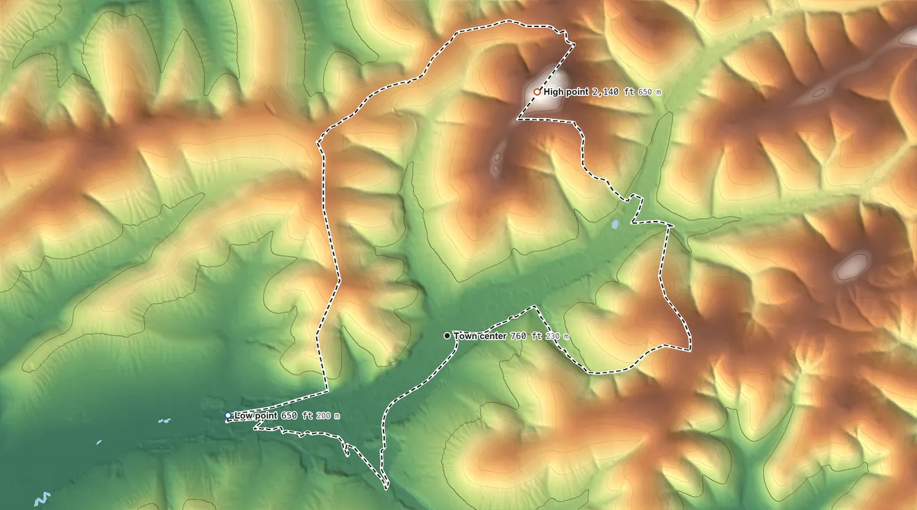 Topographic elevation map of Fox, Alaska, shaded from 650 ft on the west side to 2,140 ft on the north side