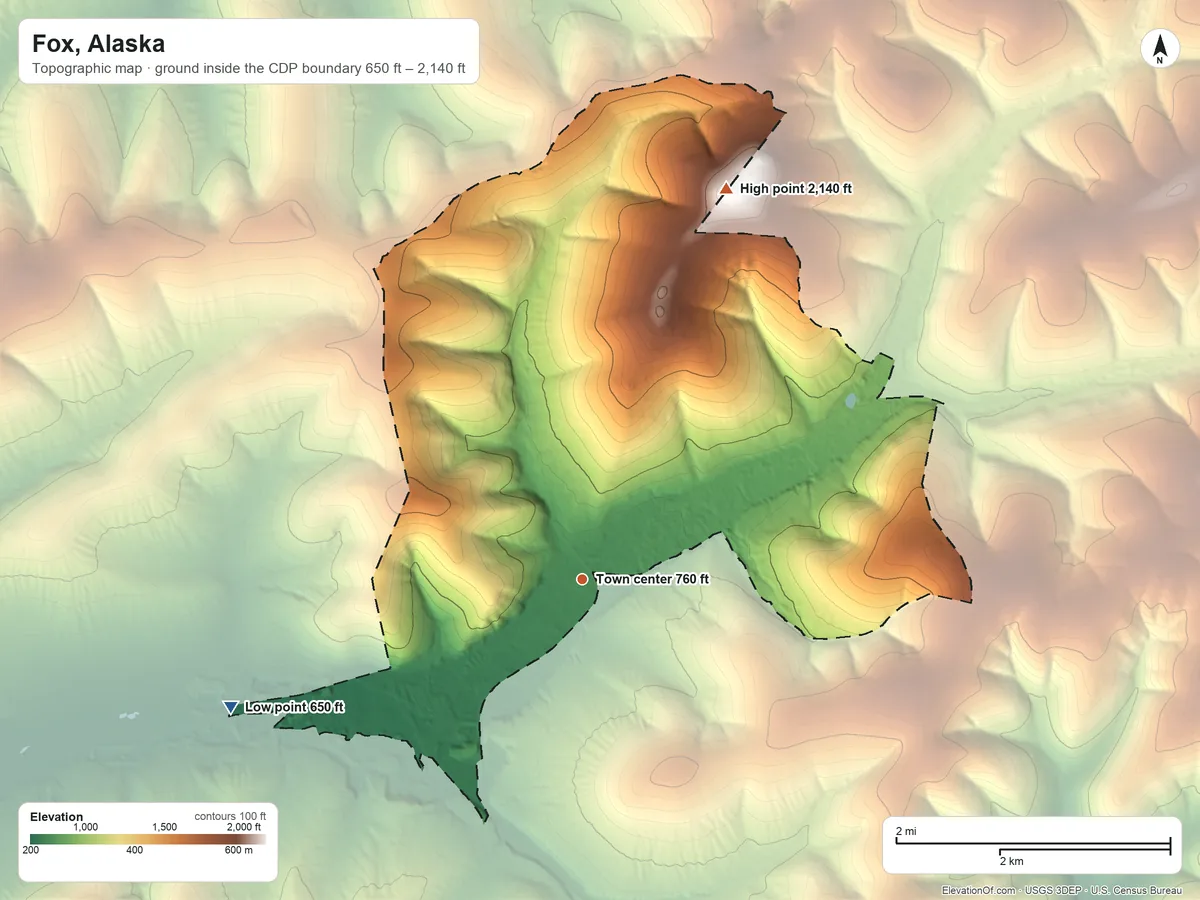 Topographic elevation map of Fox, Alaska, shaded from 650 ft on the west side to 2,140 ft on the north side