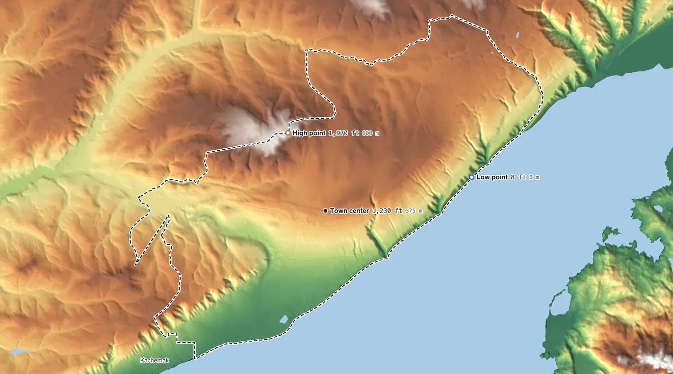 Topographic elevation map of Fritz Creek, Alaska, shaded from 8 ft on the east side to 1,970 ft on the northwest side
