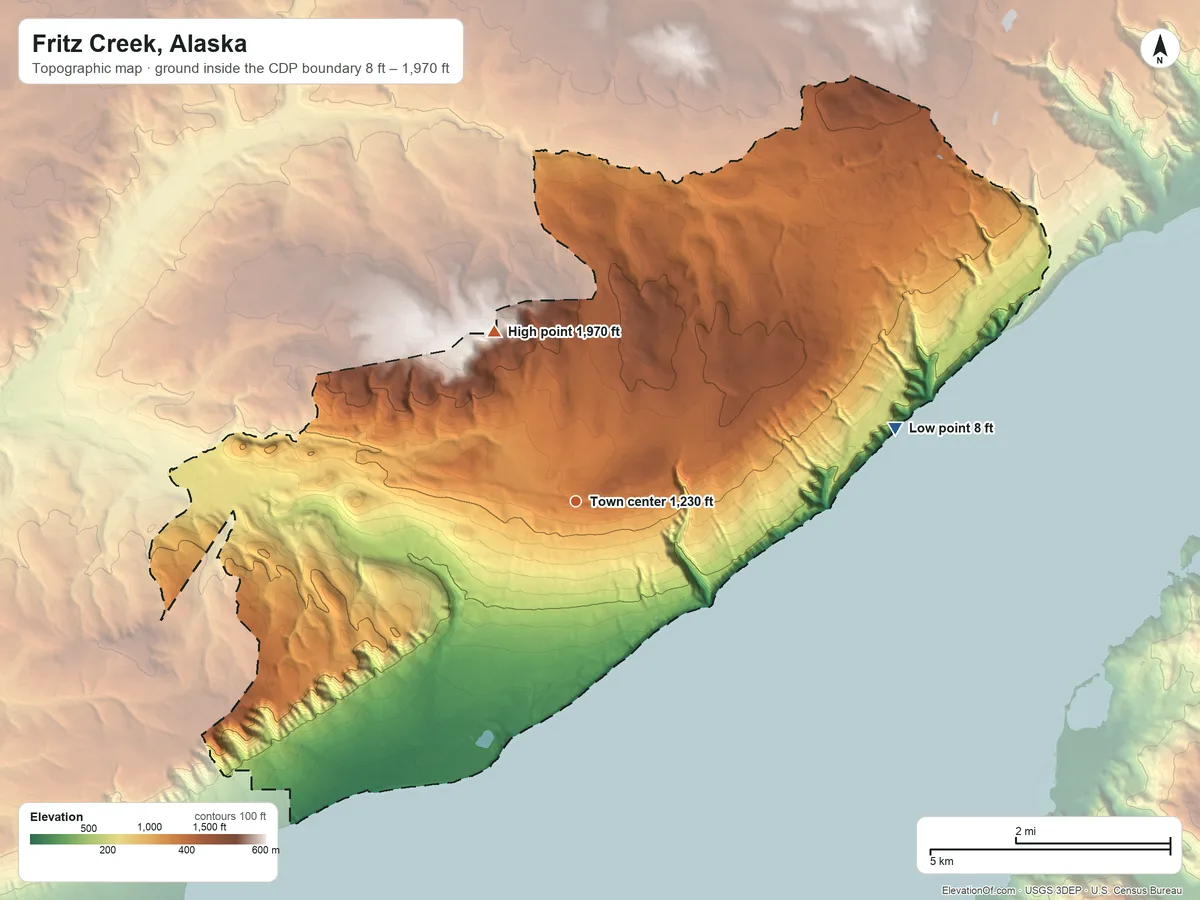 Topographic elevation map of Fritz Creek, Alaska, shaded from 8 ft on the east side to 1,970 ft on the northwest side