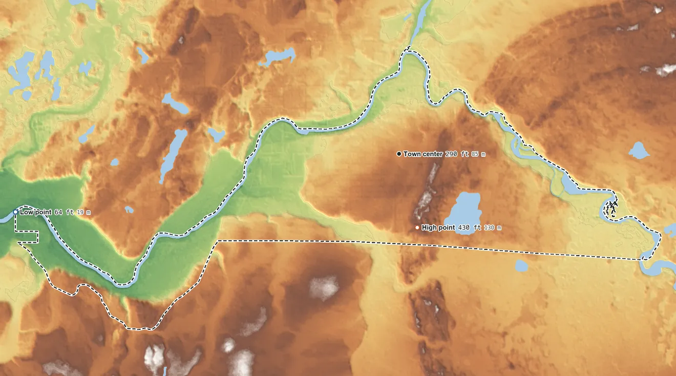 Topographic elevation map of Funny River, Alaska, shaded from 64 ft on the west side to 430 ft on the south side