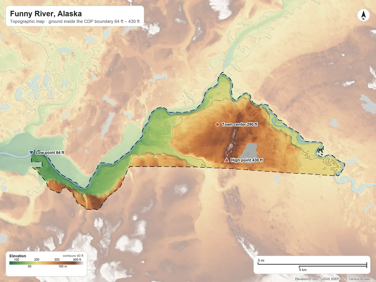Topographic elevation map of Funny River, Alaska, shaded from 64 ft on the west side to 430 ft on the south side