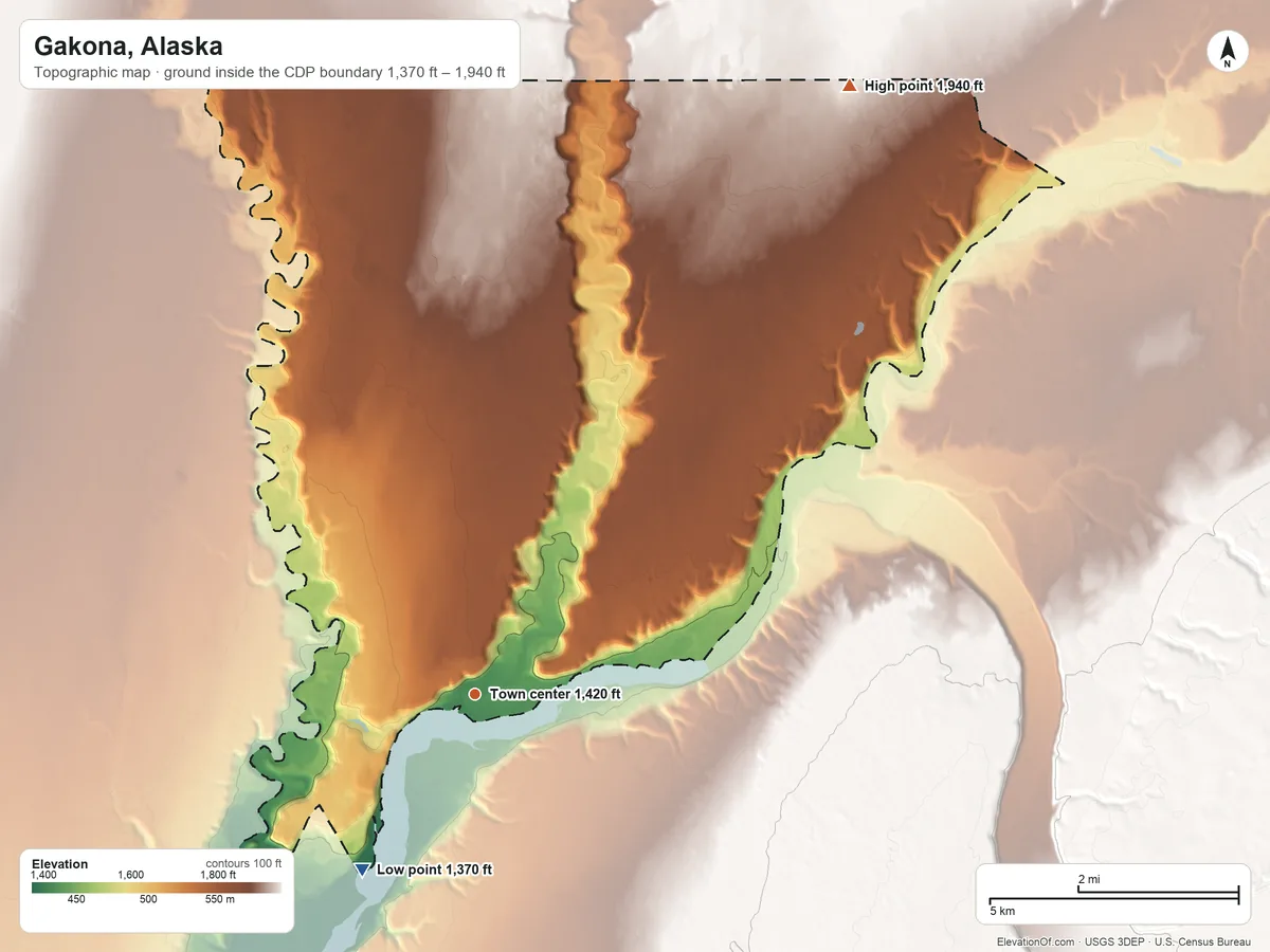 Topographic elevation map of Gakona, Alaska, shaded from 1,370 ft on the southwest side to 1,940 ft on the northeast side