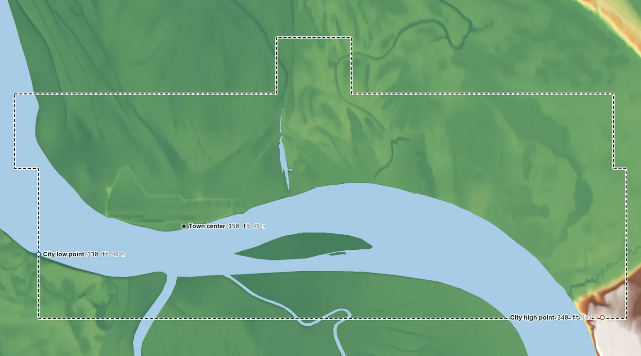 Topographic elevation map of Galena, Alaska, shaded from 130 ft on the west side to 340 ft on the east side