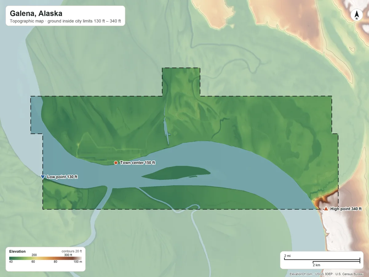 Topographic elevation map of Galena, Alaska, shaded from 130 ft on the west side to 340 ft on the east side