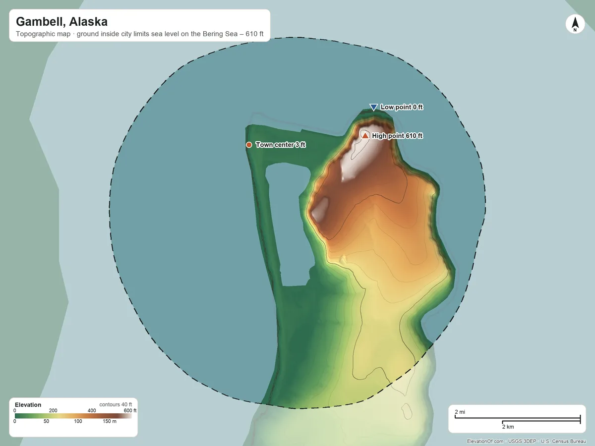 Topographic elevation map of Gambell, Alaska, shaded from sea level level on the Bering Sea to 610 ft on the east side