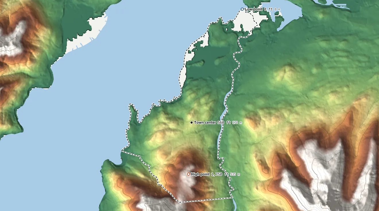 Topographic elevation map of Game Creek, Alaska, shaded from sea level level on the Port Frederick to 1,750 ft on the south edge, below higher ground just outside