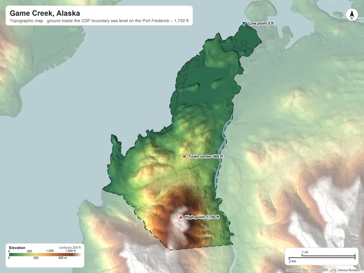 Topographic elevation map of Game Creek, Alaska, shaded from sea level level on the Port Frederick to 1,750 ft on the south edge, below higher ground just outside