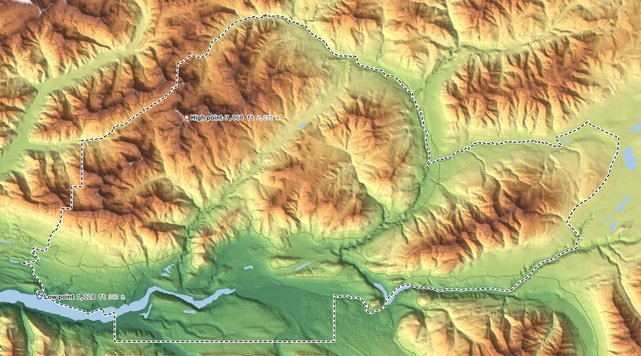 Topographic elevation map of Glacier View, Alaska, shaded from 1,120 ft on the west side to 7,060 ft on Mount Monarch