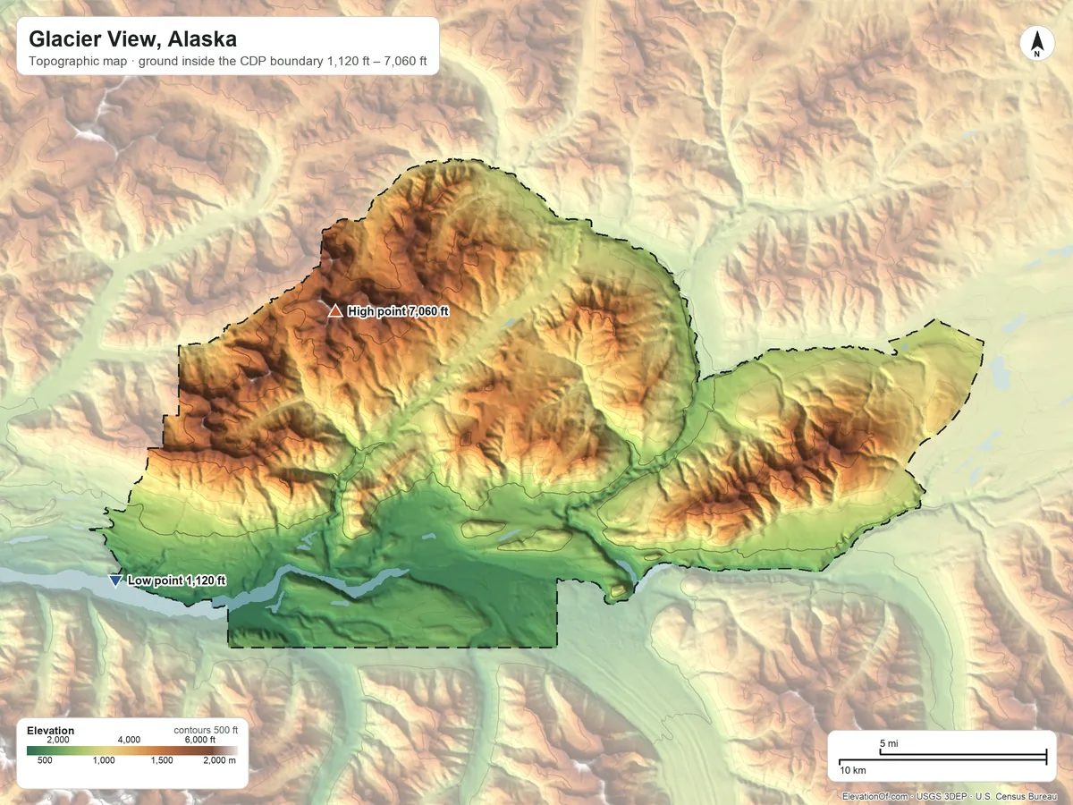 Topographic elevation map of Glacier View, Alaska, shaded from 1,120 ft on the west side to 7,060 ft on Mount Monarch