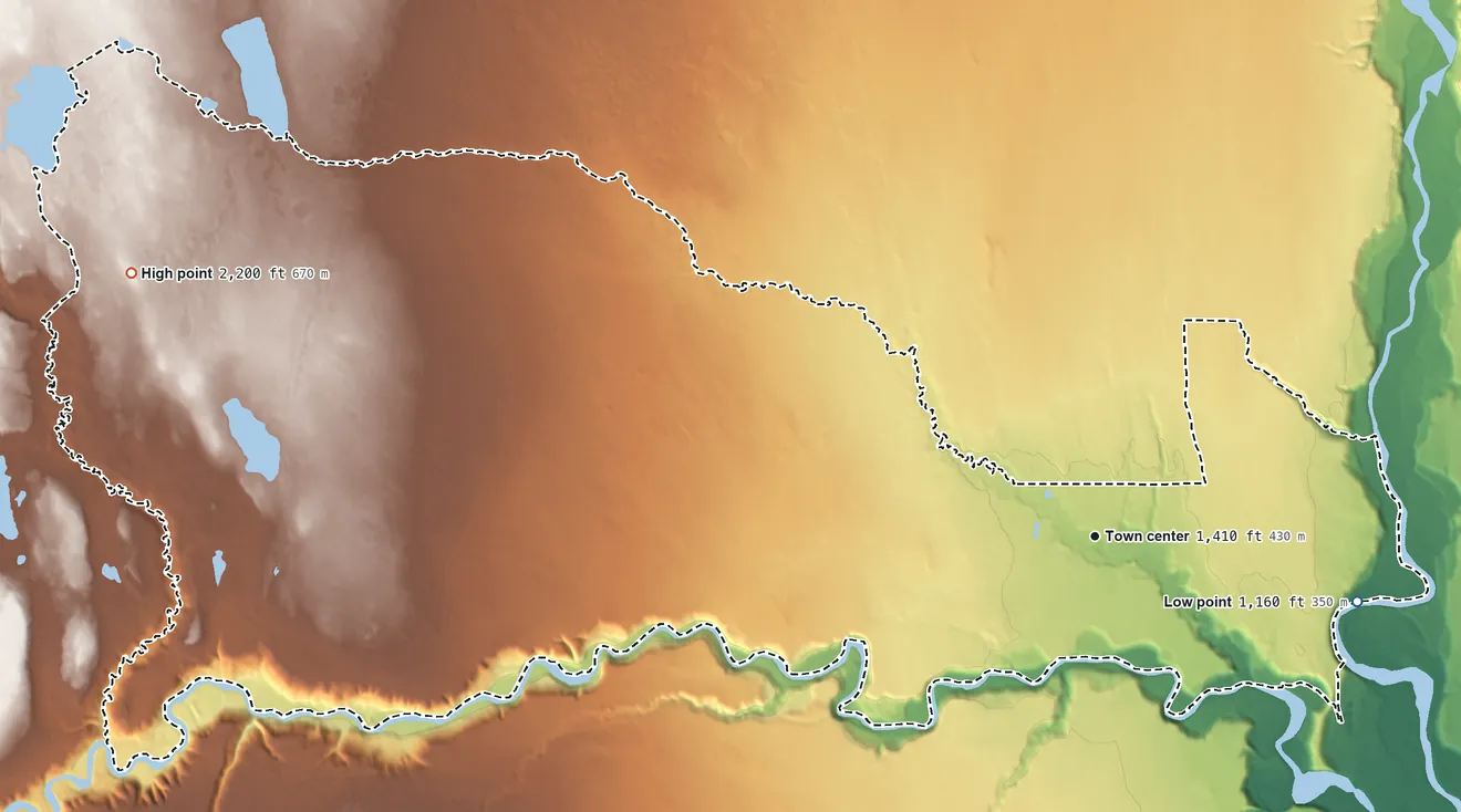 Topographic elevation map of Glennallen, Alaska, shaded from 1,160 ft on the east side to 2,200 ft on the west side