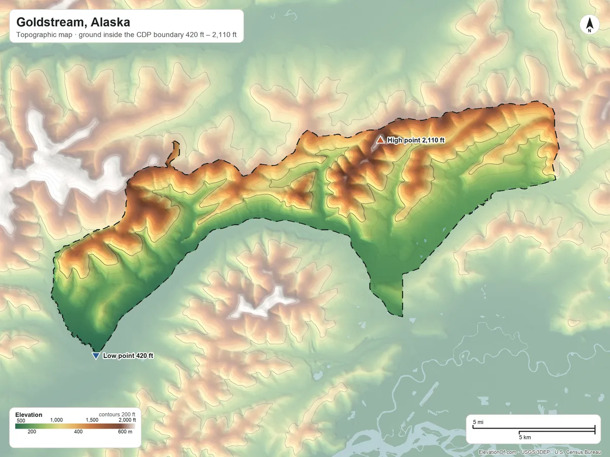 Topographic elevation map of Goldstream, Alaska, shaded from 420 ft on the southwest side to 2,110 ft on the north side