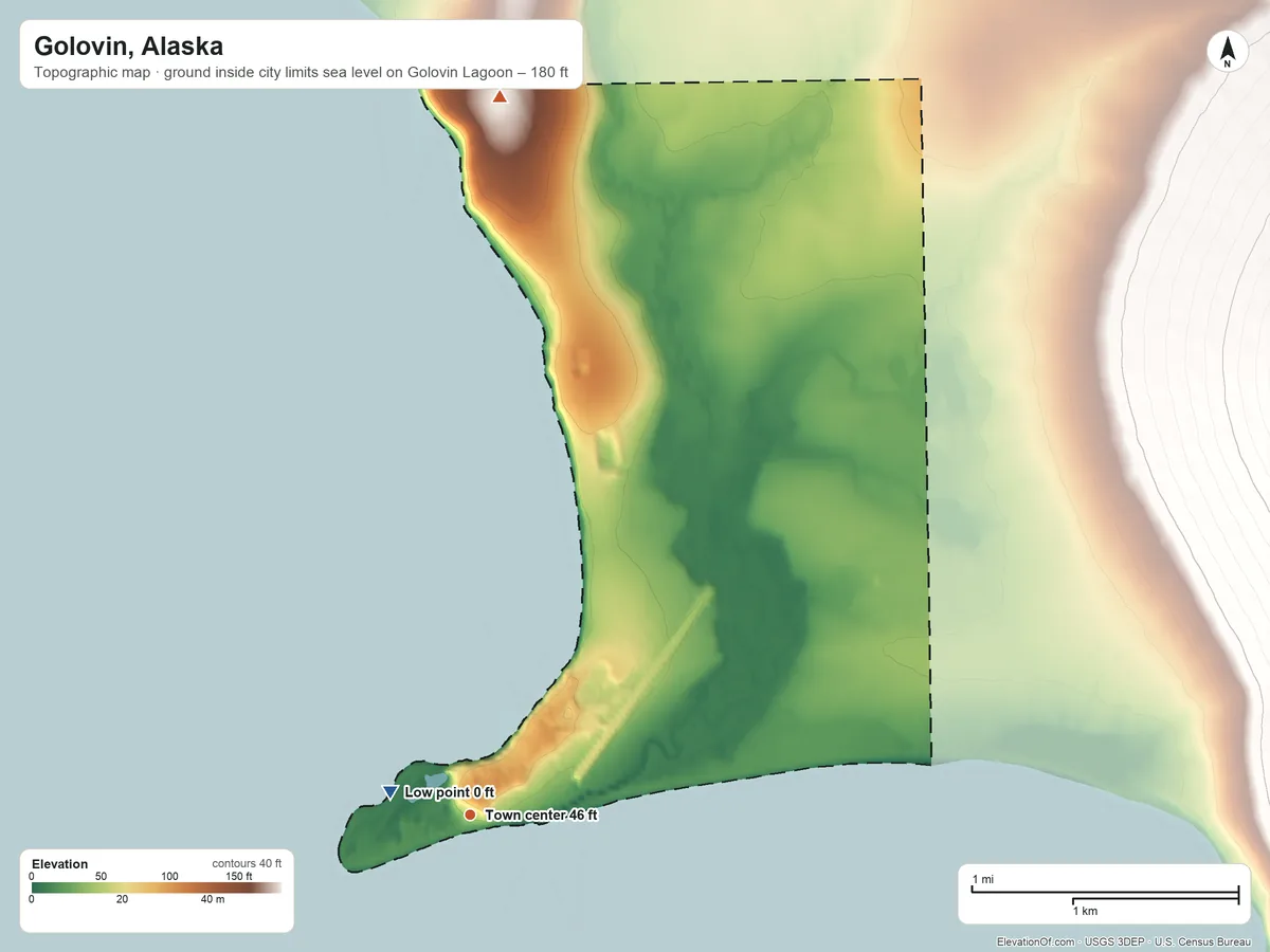Topographic elevation map of Golovin, Alaska, shaded from sea level level on Golovin Lagoon to 180 ft on the north side