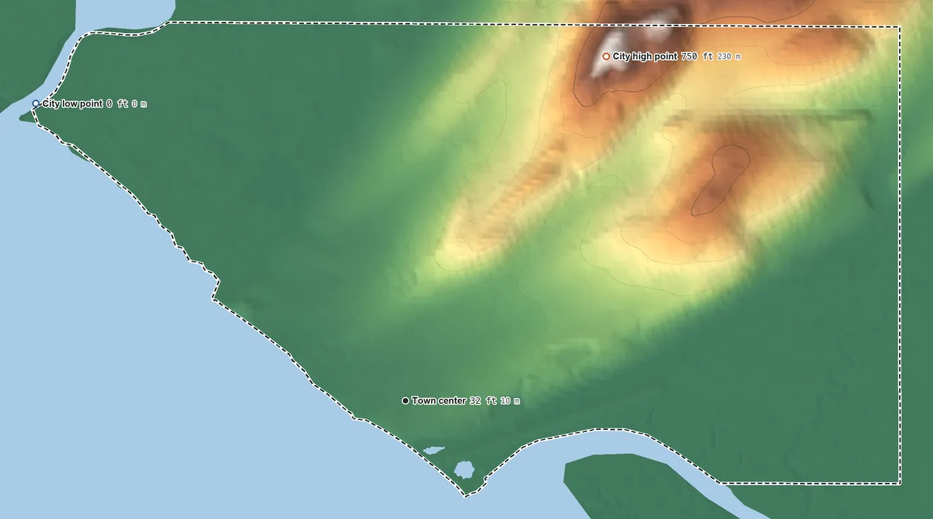 Topographic elevation map of Goodnews Bay, Alaska, shaded from sea level level on Goodnews Bay to 750 ft on Mumtrak Hill