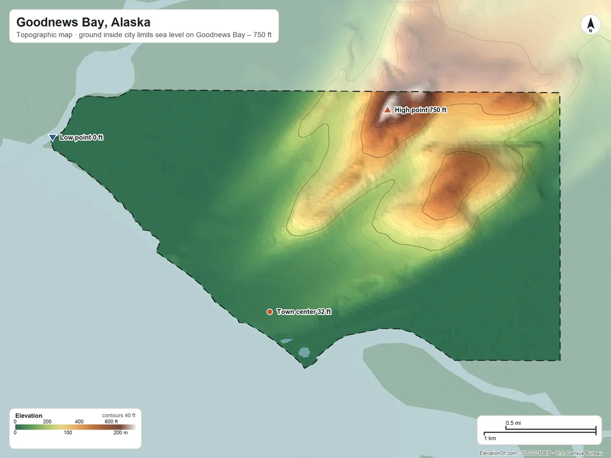Topographic elevation map of Goodnews Bay, Alaska, shaded from sea level level on Goodnews Bay to 750 ft on Mumtrak Hill