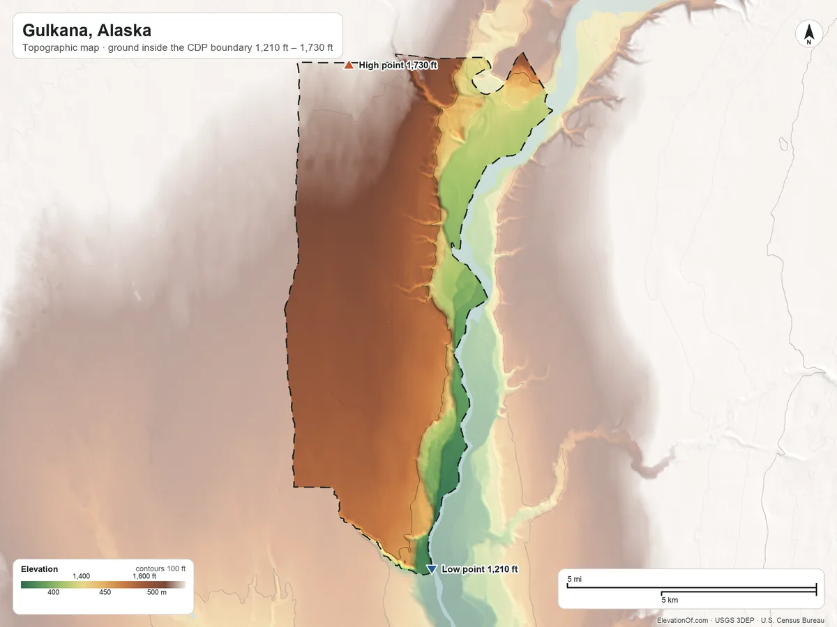 Topographic elevation map of Gulkana, Alaska, shaded from 1,210 ft on the south side to 1,730 ft on the northwest side