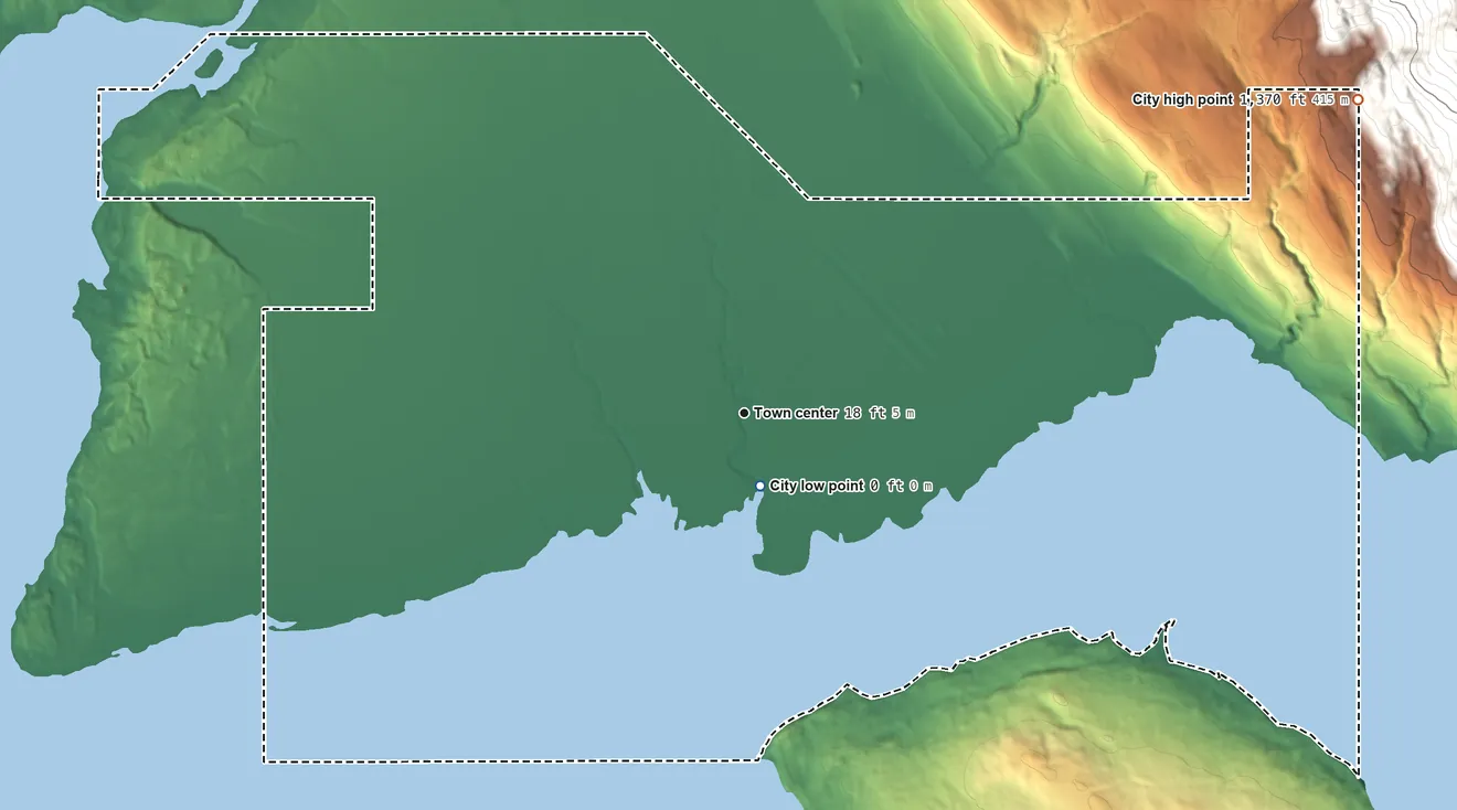 Topographic elevation map of Gustavus, Alaska, shaded from sea level level on the Icy Passage to 1,370 ft at the foot of the Chilkat Range