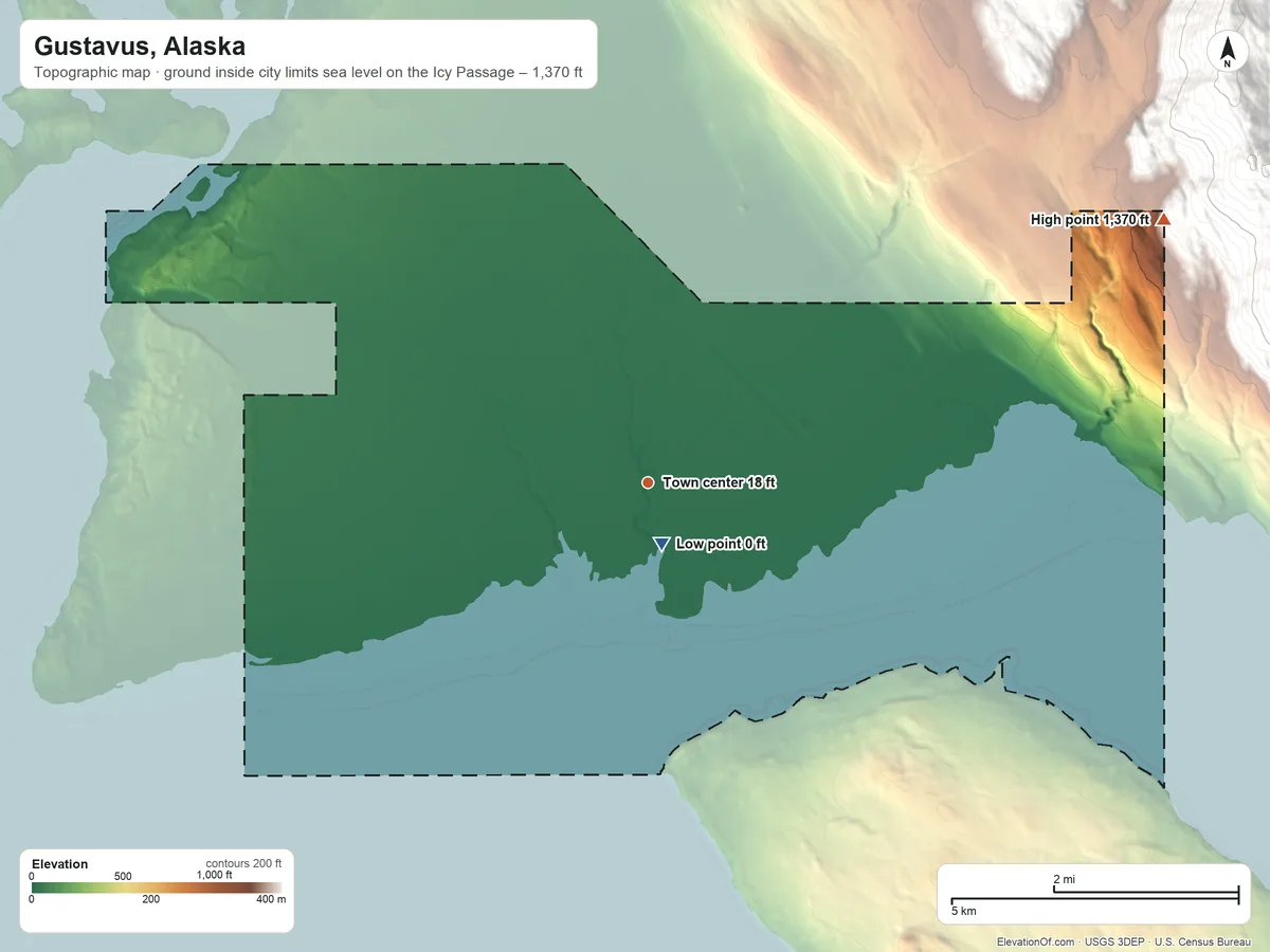 Topographic elevation map of Gustavus, Alaska, shaded from sea level level on the Icy Passage to 1,370 ft at the foot of the Chilkat Range