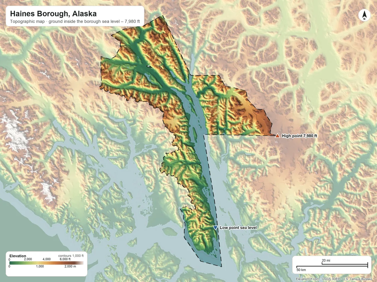 Topographic elevation map of Haines Borough, Alaska, shaded from sea level on Lynn Canal to 7,980 ft on the east side