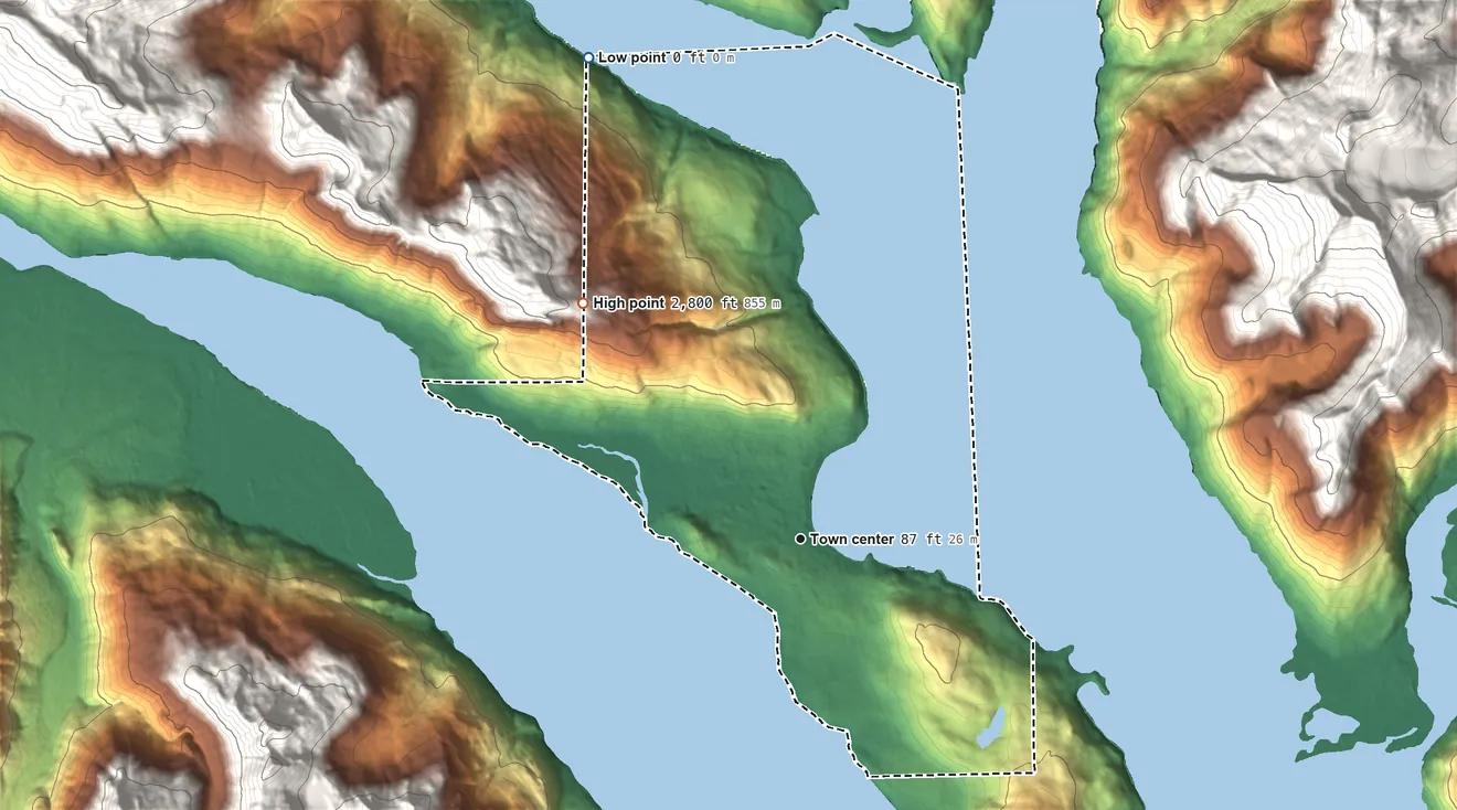 Topographic elevation map of Haines, Alaska, shaded from sea level level on Lutak Inlet to 2,800 ft at the foot of the Takshanuk Mountains