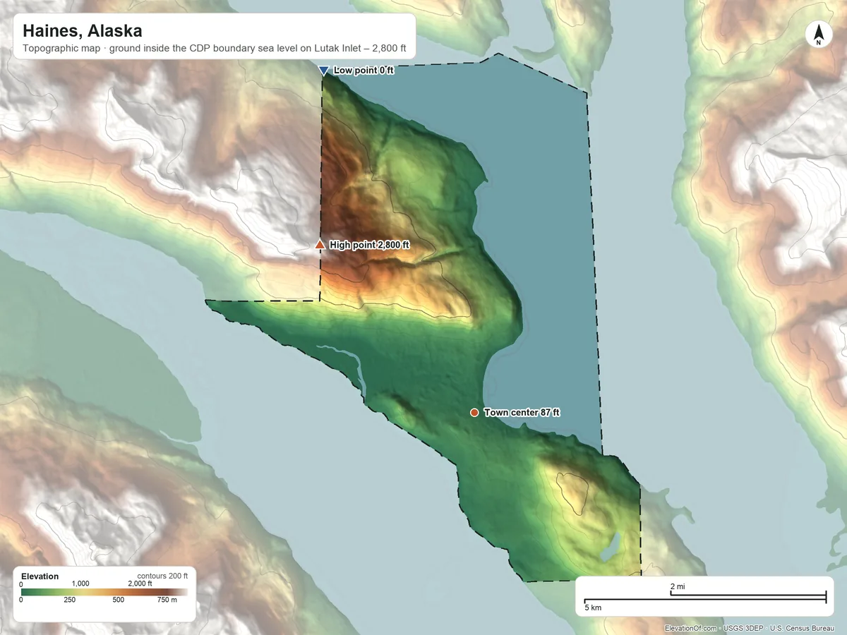 Topographic elevation map of Haines, Alaska, shaded from sea level level on Lutak Inlet to 2,800 ft at the foot of the Takshanuk Mountains