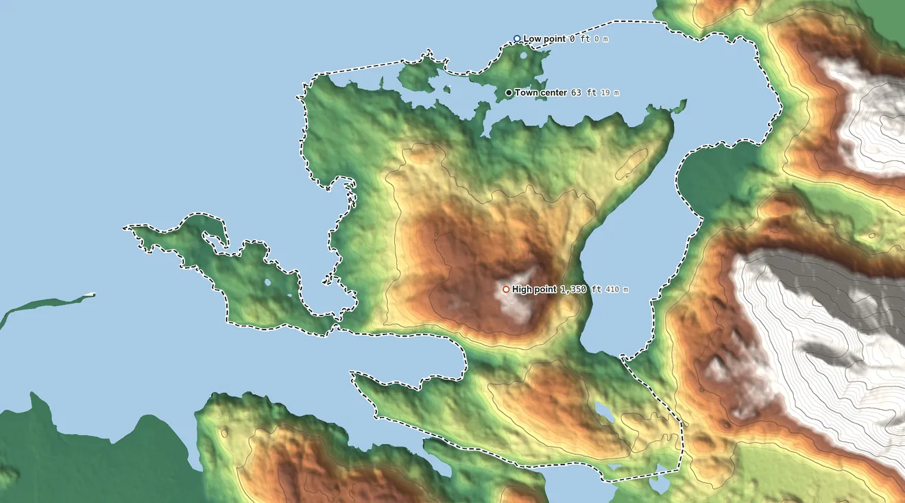 Topographic elevation map of Halibut Cove, Alaska, shaded from sea level level on Kachemak Bay to 1,350 ft on the south side