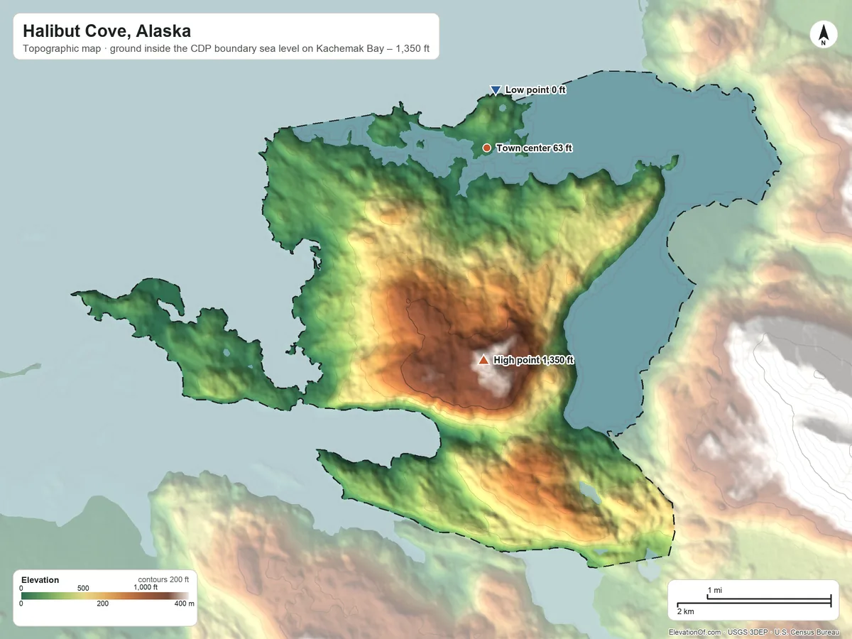 Topographic elevation map of Halibut Cove, Alaska, shaded from sea level level on Kachemak Bay to 1,350 ft on the south side