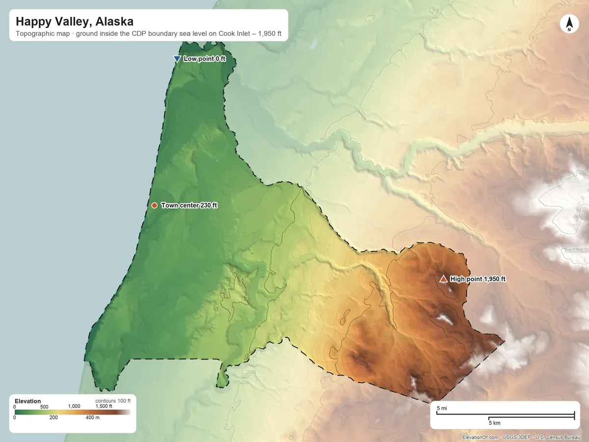 Topographic elevation map of Happy Valley, Alaska, shaded from sea level level on Cook Inlet to 1,950 ft on Ninilchik Dome