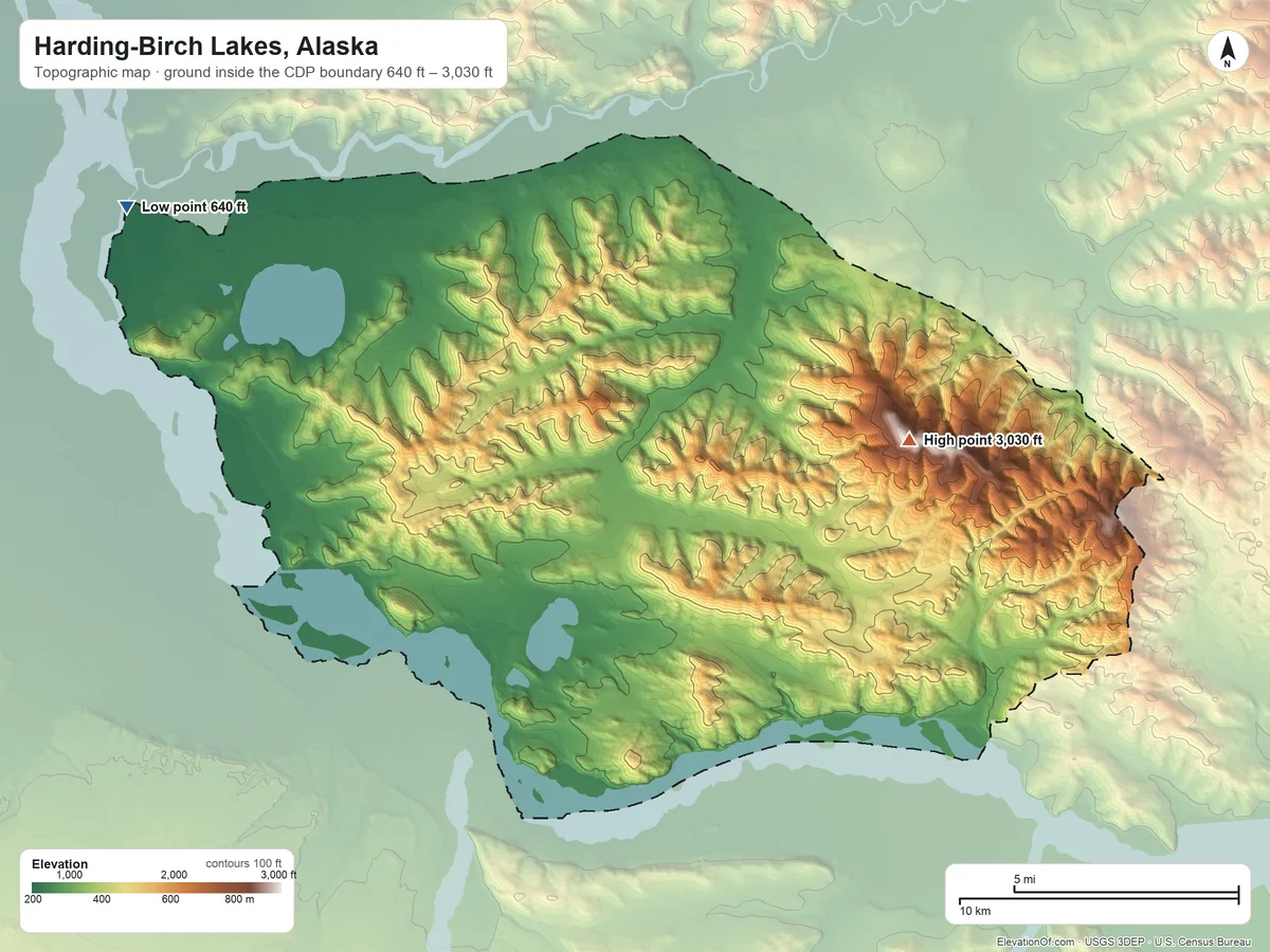 Topographic elevation map of Harding-Birch Lakes, Alaska, shaded from 640 ft on the northwest side to 3,030 ft on the east side