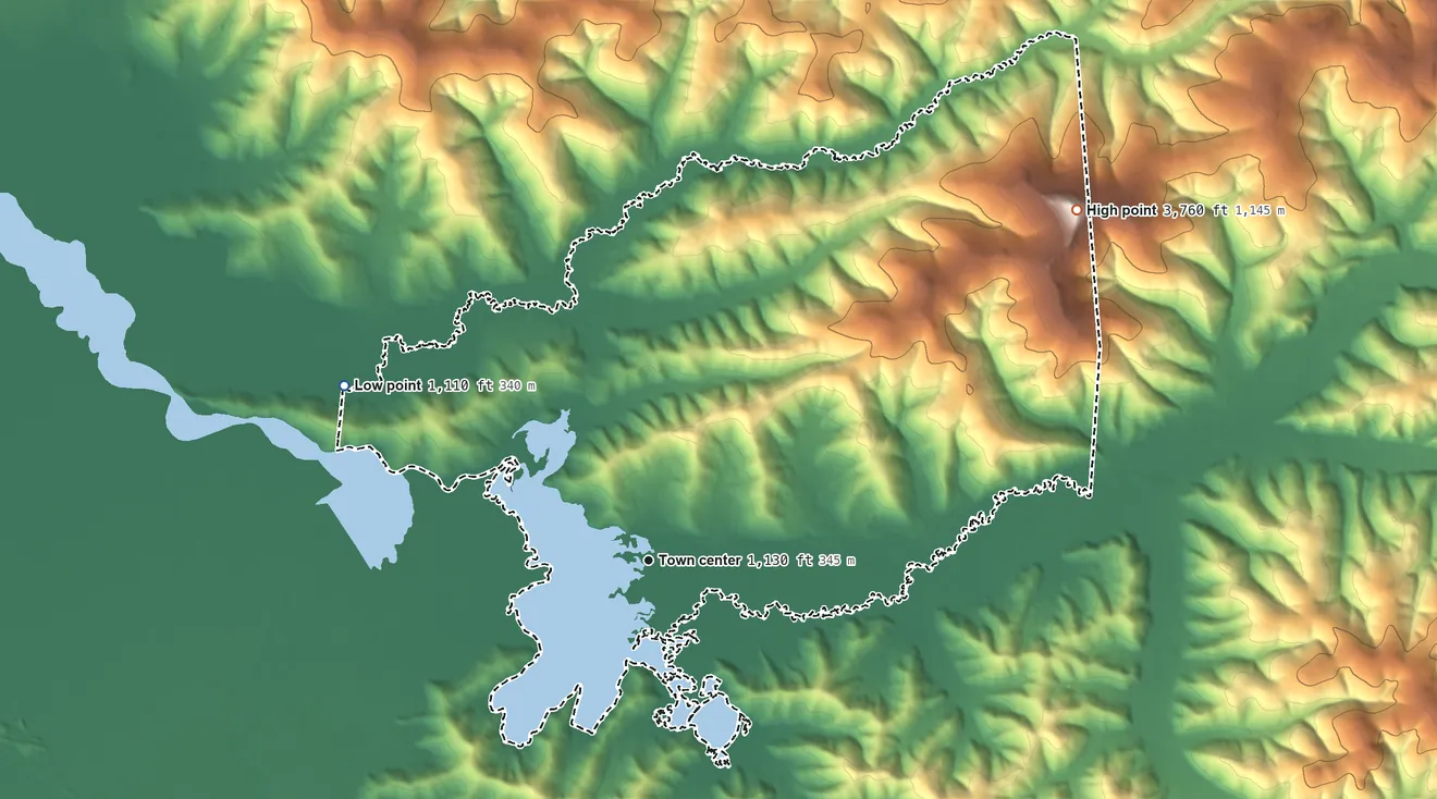 Topographic elevation map of Healy Lake, Alaska, shaded from 1,110 ft on the northwest side to 3,760 ft on the northeast side
