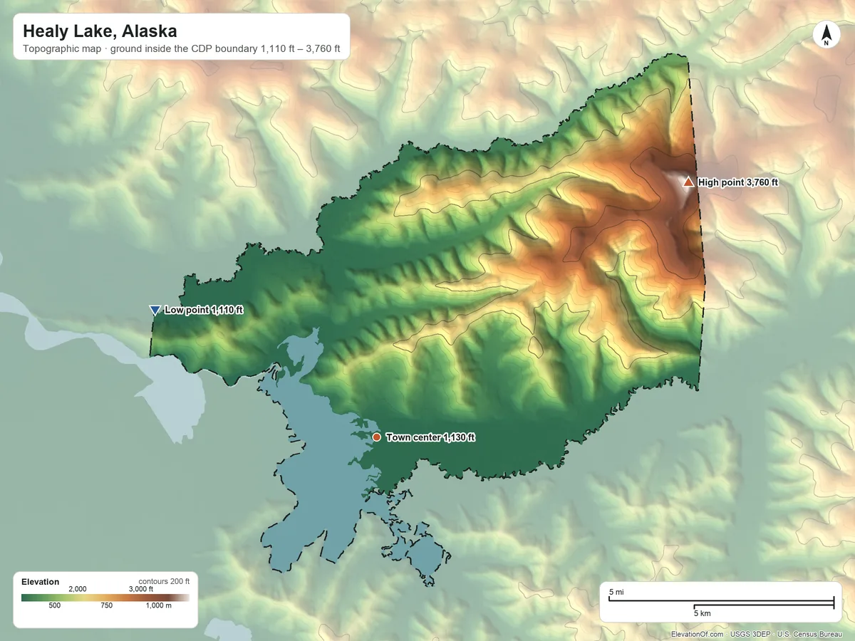 Topographic elevation map of Healy Lake, Alaska, shaded from 1,110 ft on the northwest side to 3,760 ft on the northeast side