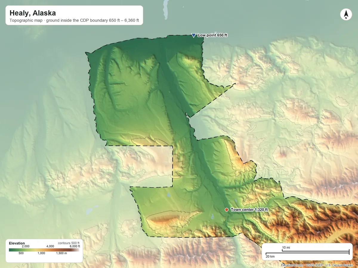 Topographic elevation map of Healy, Alaska, shaded from 650 ft on the north side to 6,360 ft on the east side
