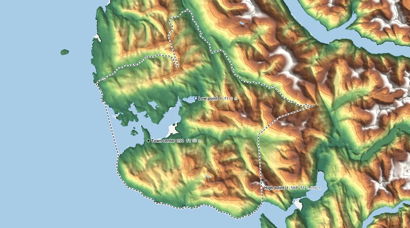 Topographic elevation map of Hobart Bay, Alaska, shaded from sea level level on Hobart Bay to 4,560 ft at the foot of the American Range