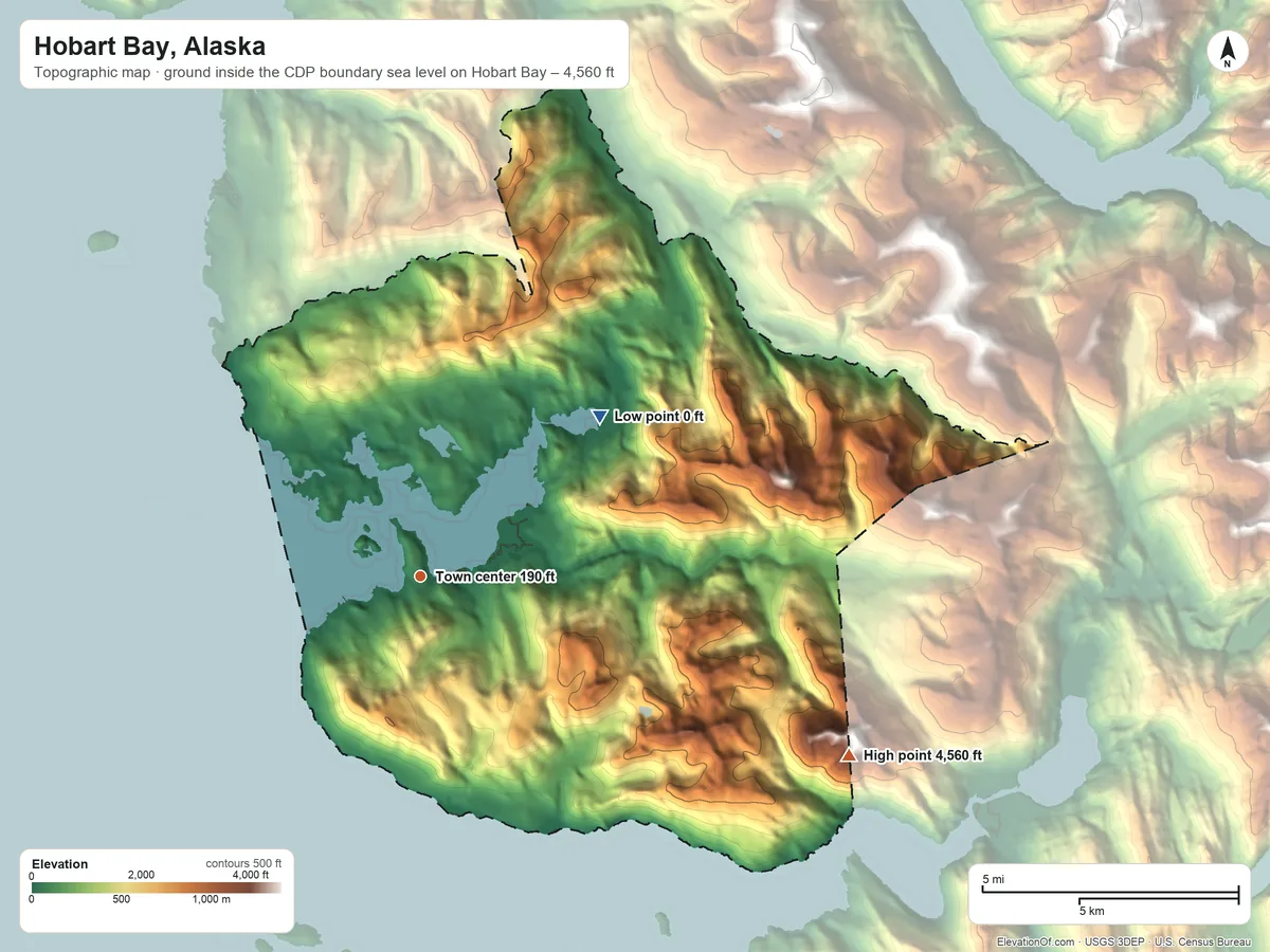 Topographic elevation map of Hobart Bay, Alaska, shaded from sea level level on Hobart Bay to 4,560 ft at the foot of the American Range