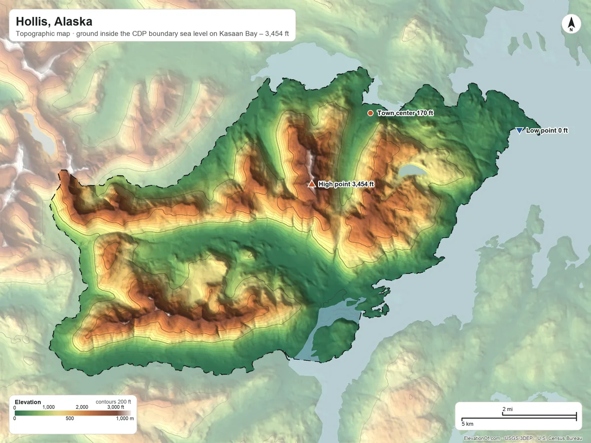 Topographic elevation map of Hollis, Alaska, shaded from sea level level on Kasaan Bay to 3,454 ft on Granite Mountain