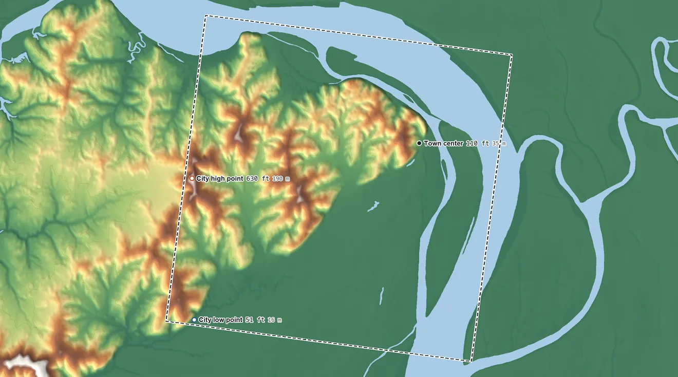 Topographic elevation map of Holy Cross, Alaska, shaded from 51 ft on the southwest side to 630 ft on the west side