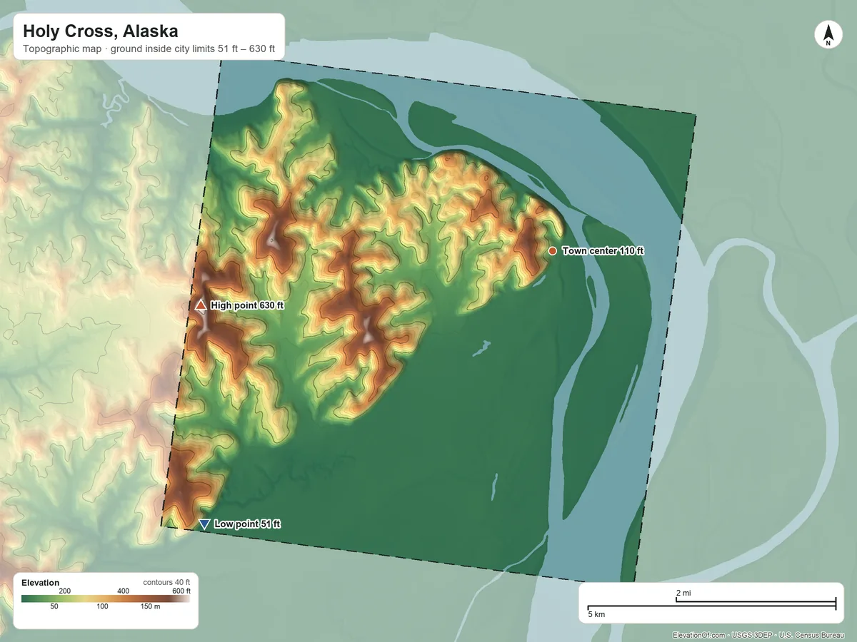 Topographic elevation map of Holy Cross, Alaska, shaded from 51 ft on the southwest side to 630 ft on the west side