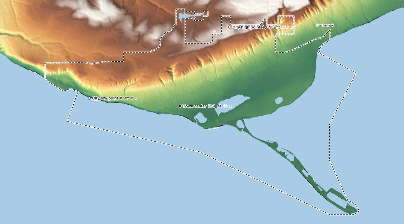 Topographic elevation map of Homer, Alaska, shaded from sea level level on Kachemak Bay to 1,190 ft on the northeast side