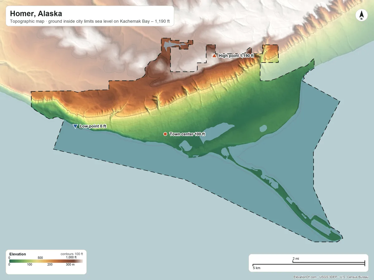 Topographic elevation map of Homer, Alaska, shaded from sea level level on Kachemak Bay to 1,190 ft on the northeast side
