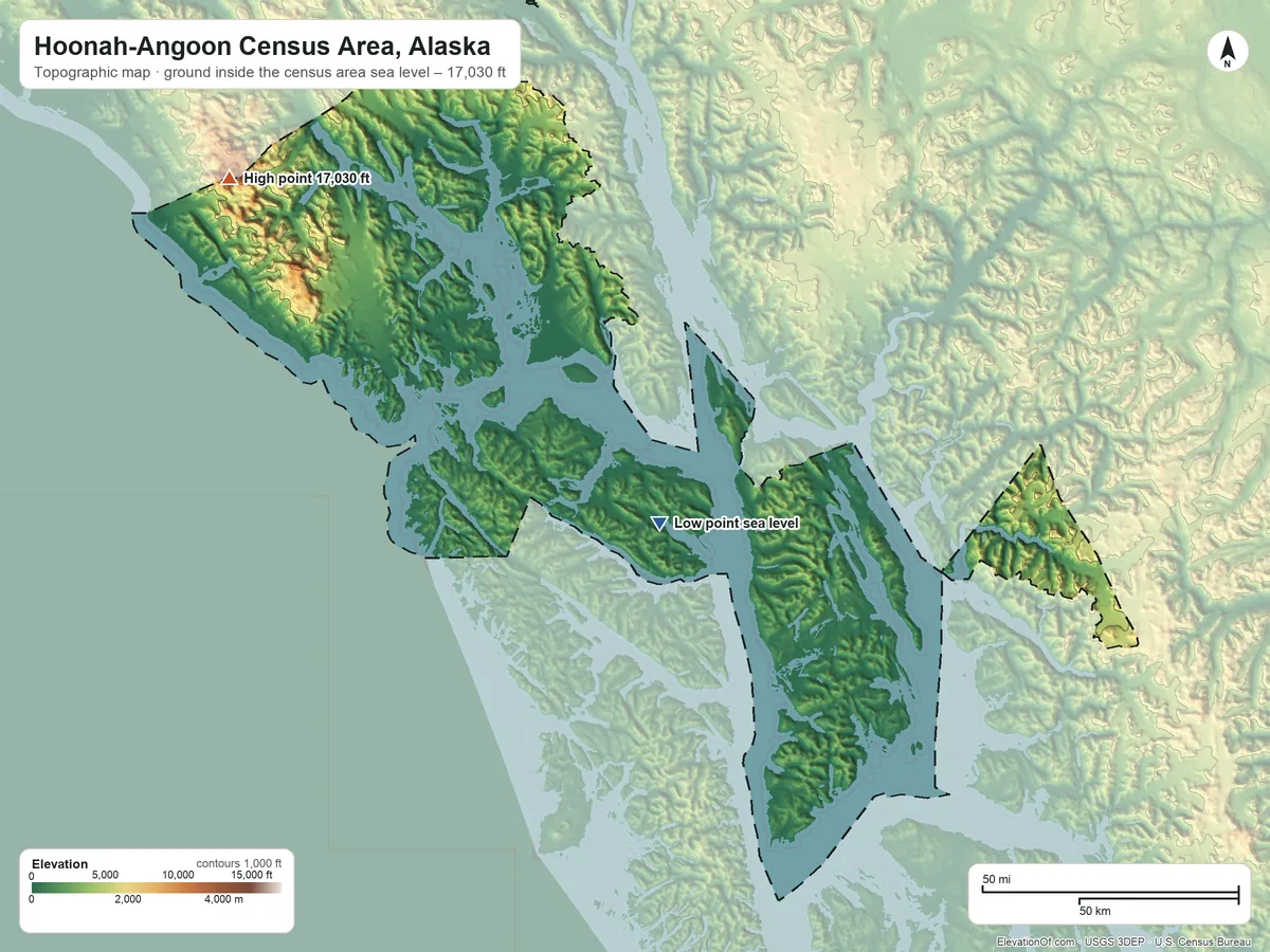 Topographic elevation map of Hoonah-Angoon Census Area, Alaska, shaded from sea level on Freshwater Bay to 17,030 ft on Mount Fairweather