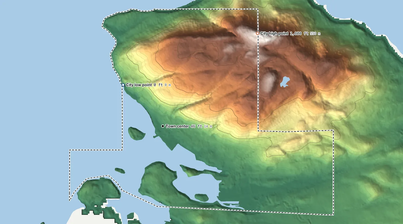 Topographic elevation map of Hoonah, Alaska, shaded from sea level level on the Port Frederick to 1,800 ft on the northeast side