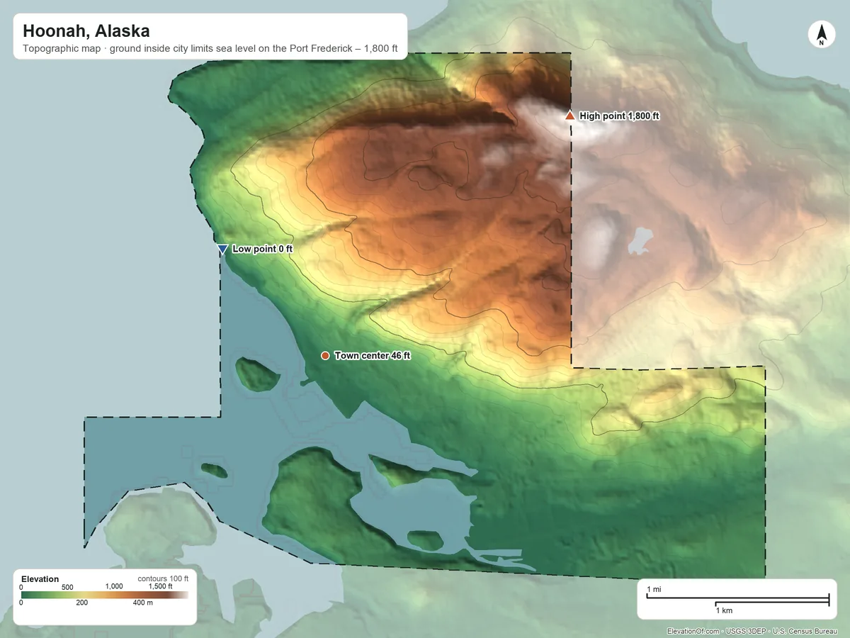 Topographic elevation map of Hoonah, Alaska, shaded from sea level level on the Port Frederick to 1,800 ft on the northeast side