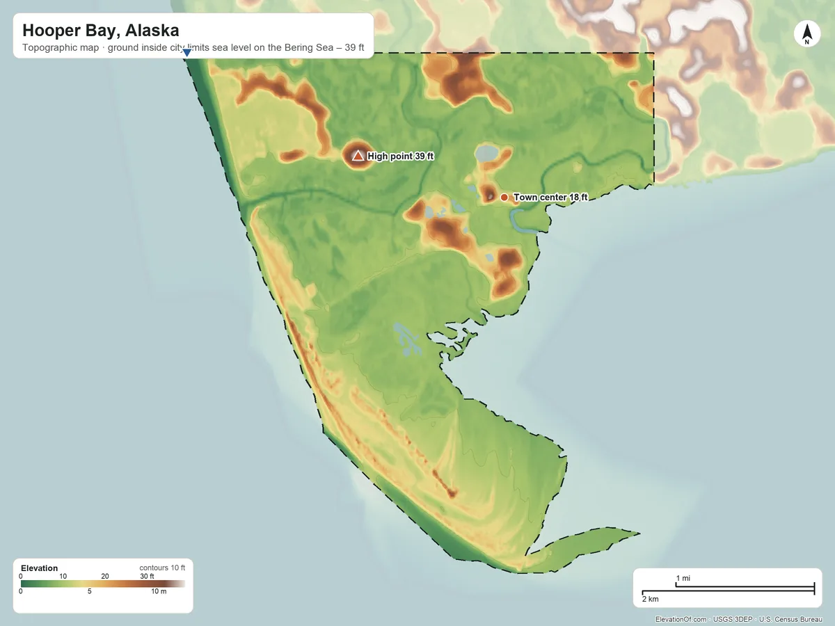 Topographic elevation map of Hooper Bay, Alaska, shaded from sea level level on the Bering Sea to 39 ft on the west side