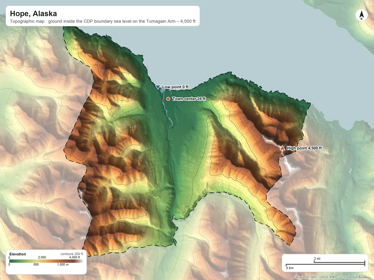 Topographic elevation map of Hope, Alaska, shaded from sea level level on the Turnagain Arm to 4,500 ft on the southeast side