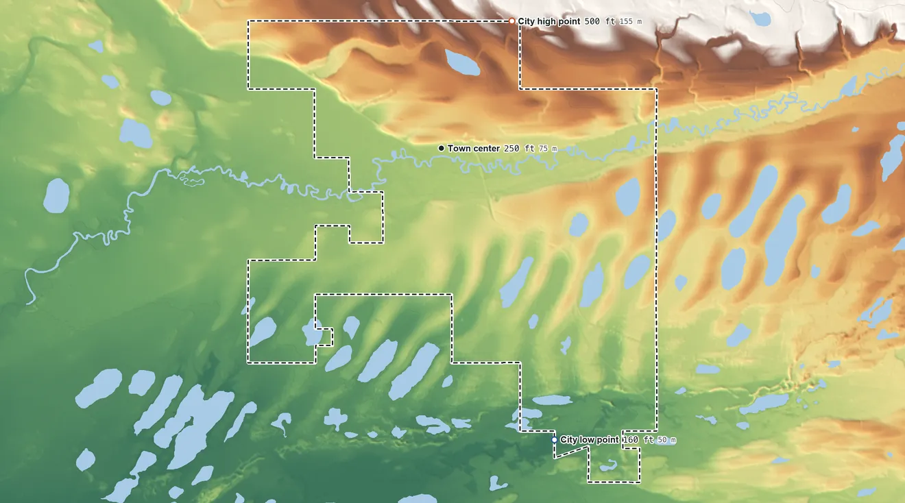 Topographic elevation map of Houston, Alaska, shaded from 160 ft on the south side to 500 ft on the northeast edge, below higher ground just outside