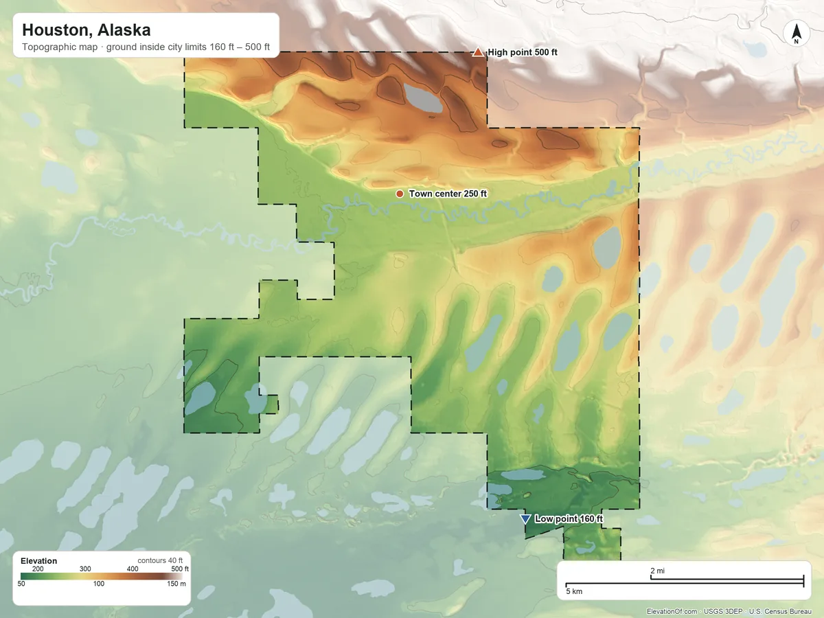 Topographic elevation map of Houston, Alaska, shaded from 160 ft on the south side to 500 ft on the northeast edge, below higher ground just outside