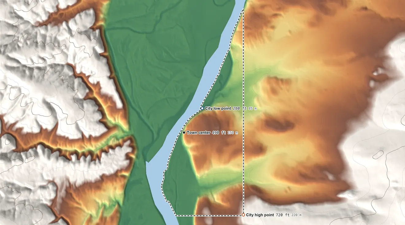 Topographic elevation map of Hughes, Alaska, shaded from 280 ft on the northeast side to 720 ft at the foot of the Hatdolitna Hills